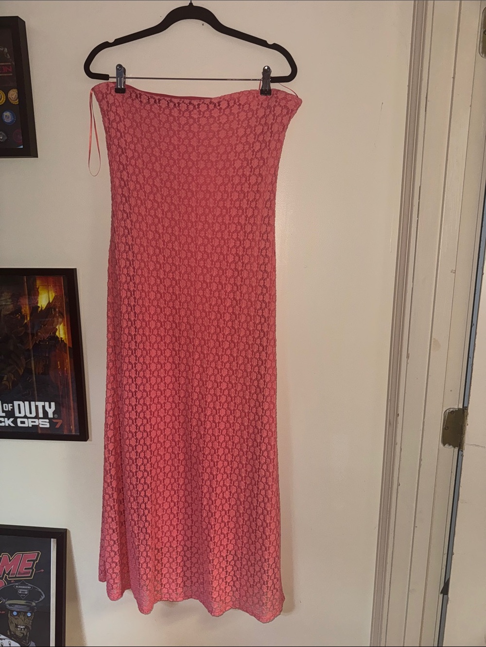 Altar'd State Coral Pink Strapless Lace Maxi Dress
